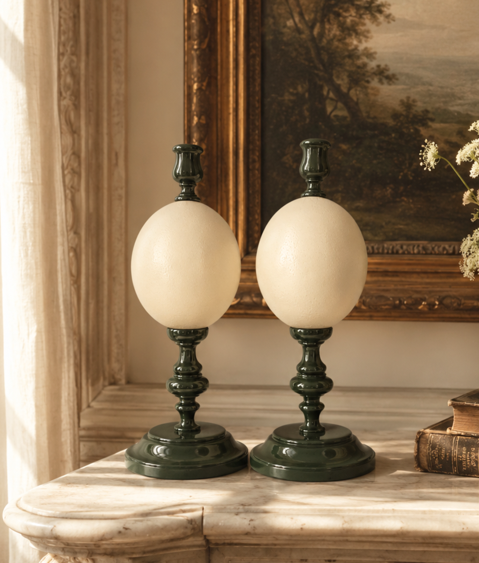 Noto Lacquered Ostrich Egg Candle Holder Set, Olive