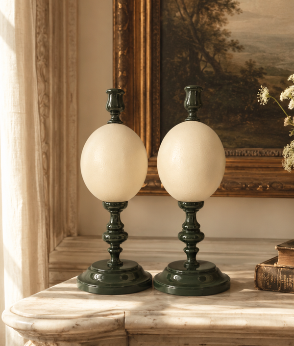 Noto Lacquered Ostrich Egg Candle Holder Set, Olive