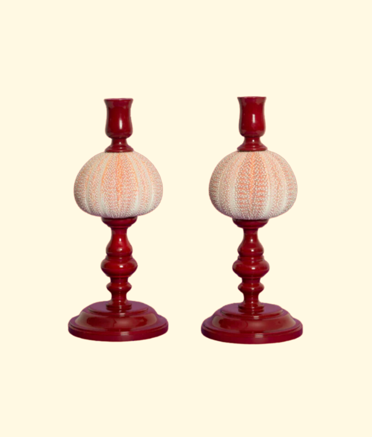 Noto Lacquered Sea Urchin Candle Holder Set, Crimson