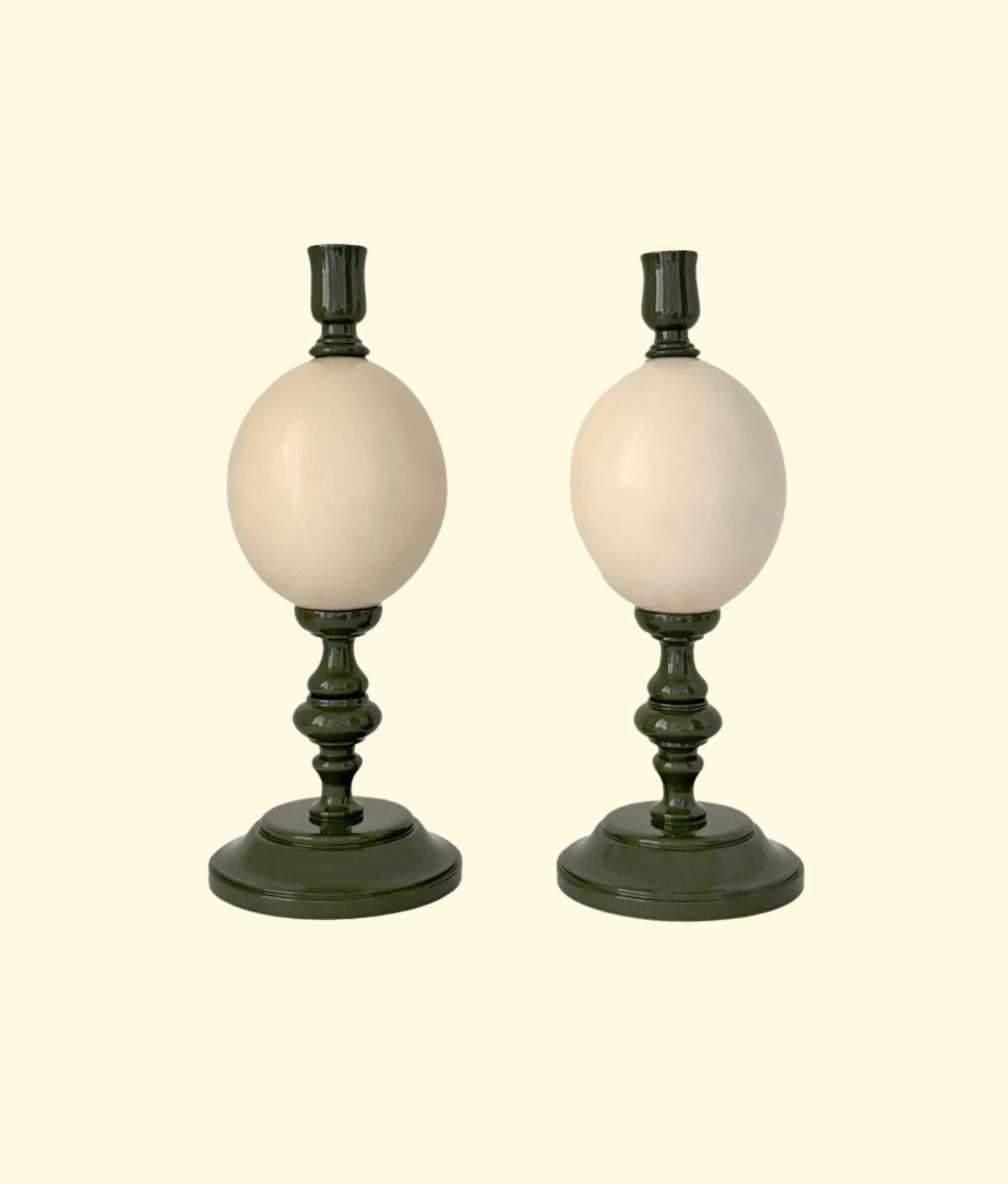 Noto Lacquered Ostrich Egg Candle Holder Set, Olive