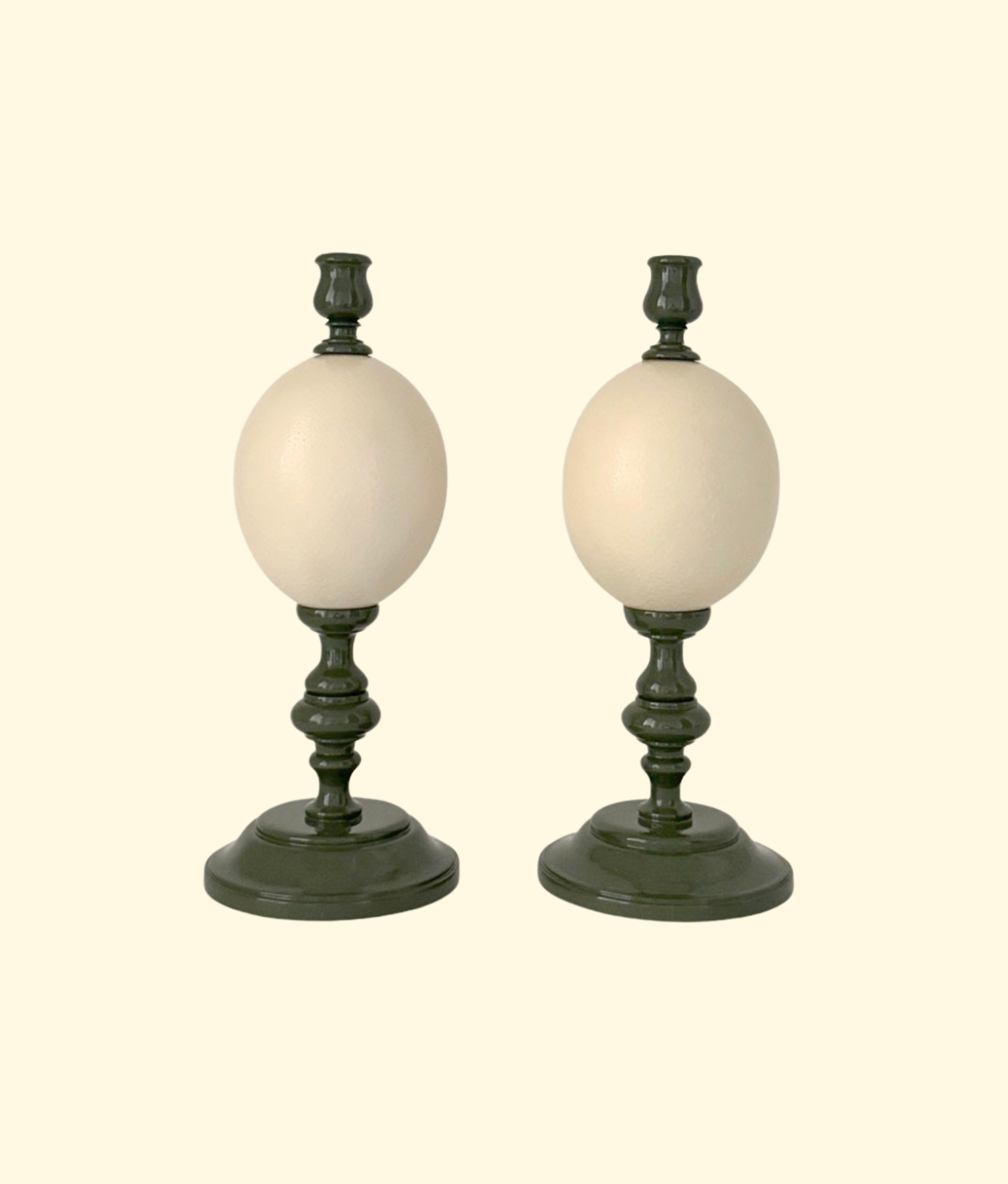 Noto Lacquered Ostrich Egg Candle Holder Set, Olive