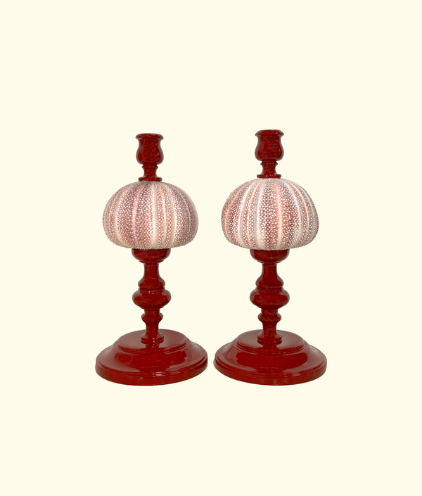 Noto Lacquered Sea Urchin Candle Holder Set, Crimson