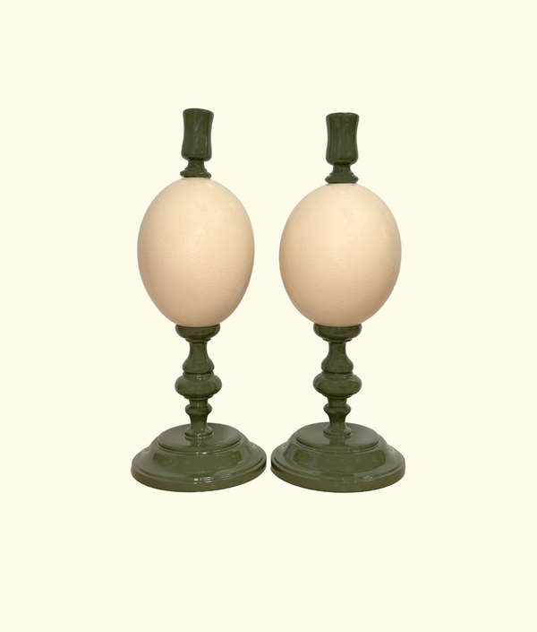 Noto Lacquered Ostrich Egg Candle Holder Set, Olive