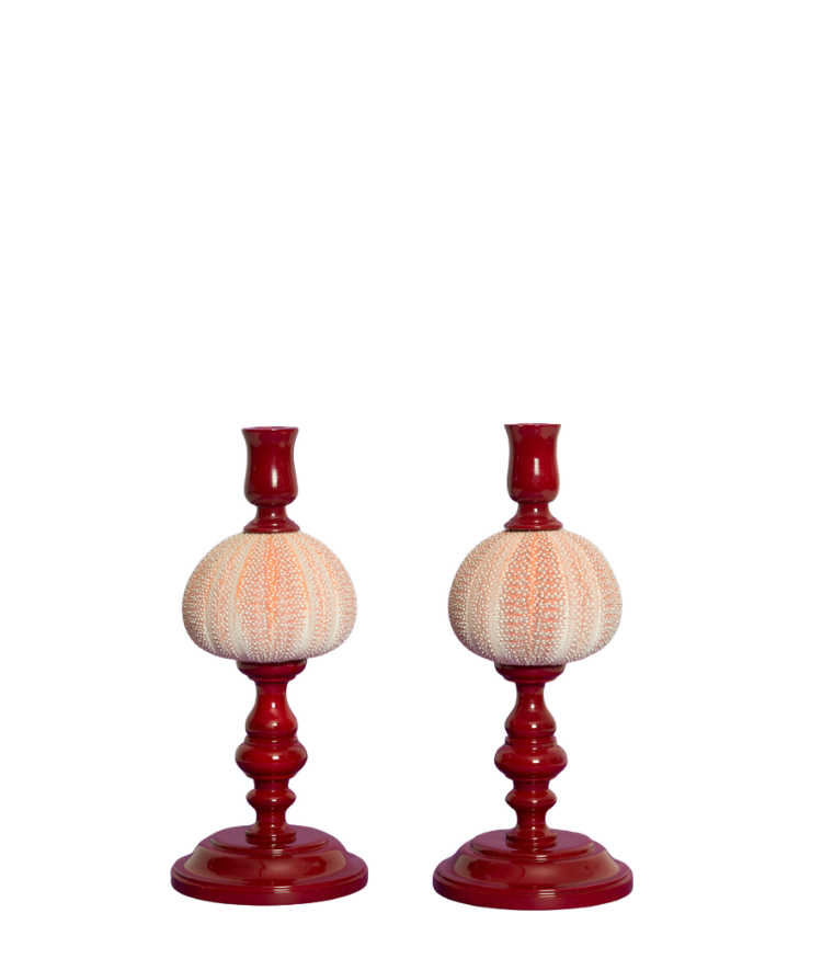 Sea Urchin Lacquered Candle Holder Set, Red