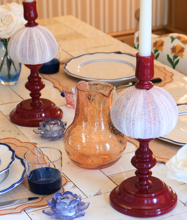 Noto Lacquered Sea Urchin Candle Holder Set, Crimson