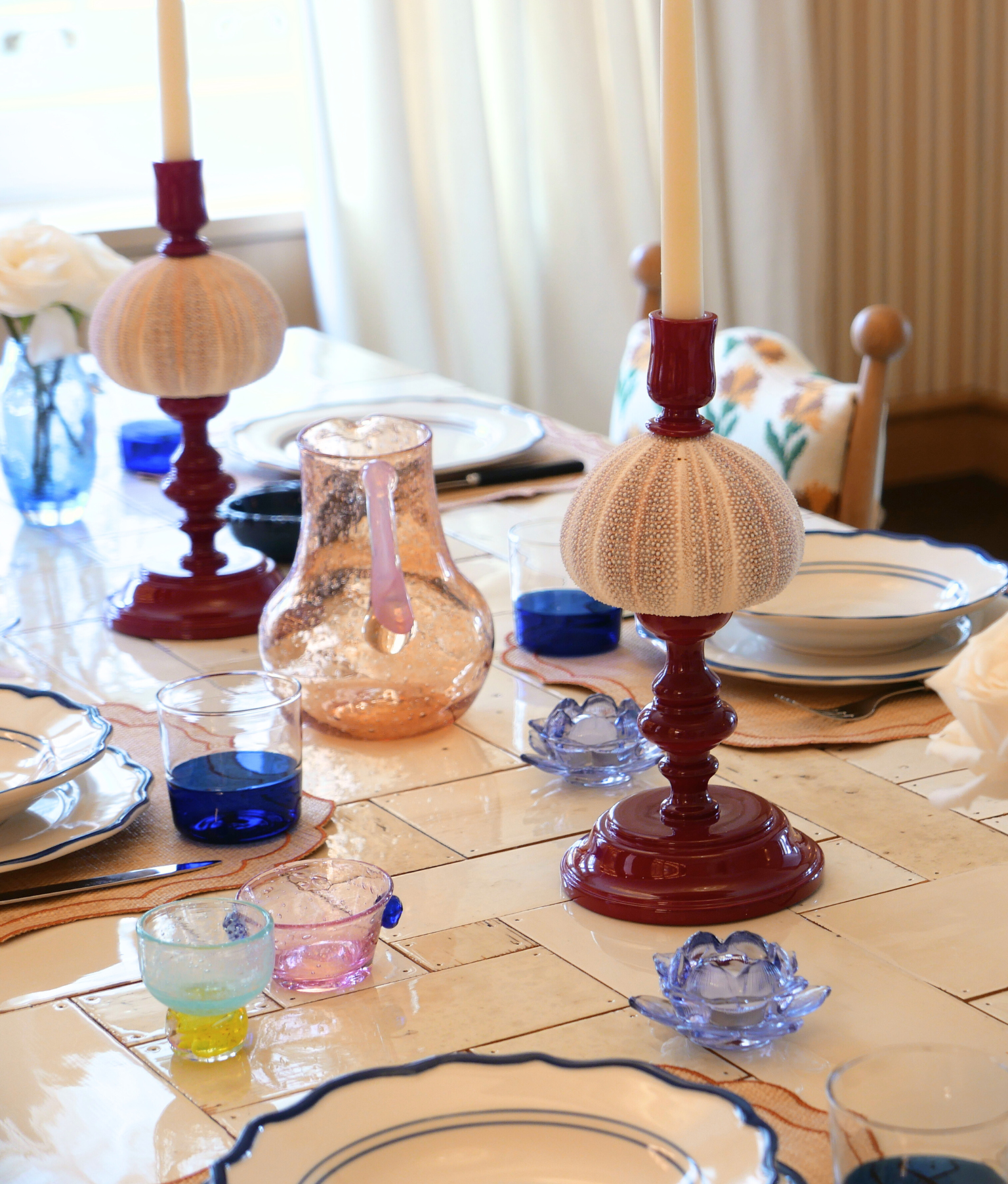 Noto Lacquered Sea Urchin Candle Holder Set, Crimson