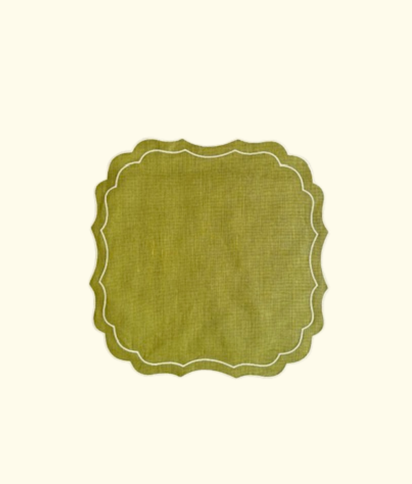 Scalloped Linen Placemats, Olive / Ivory